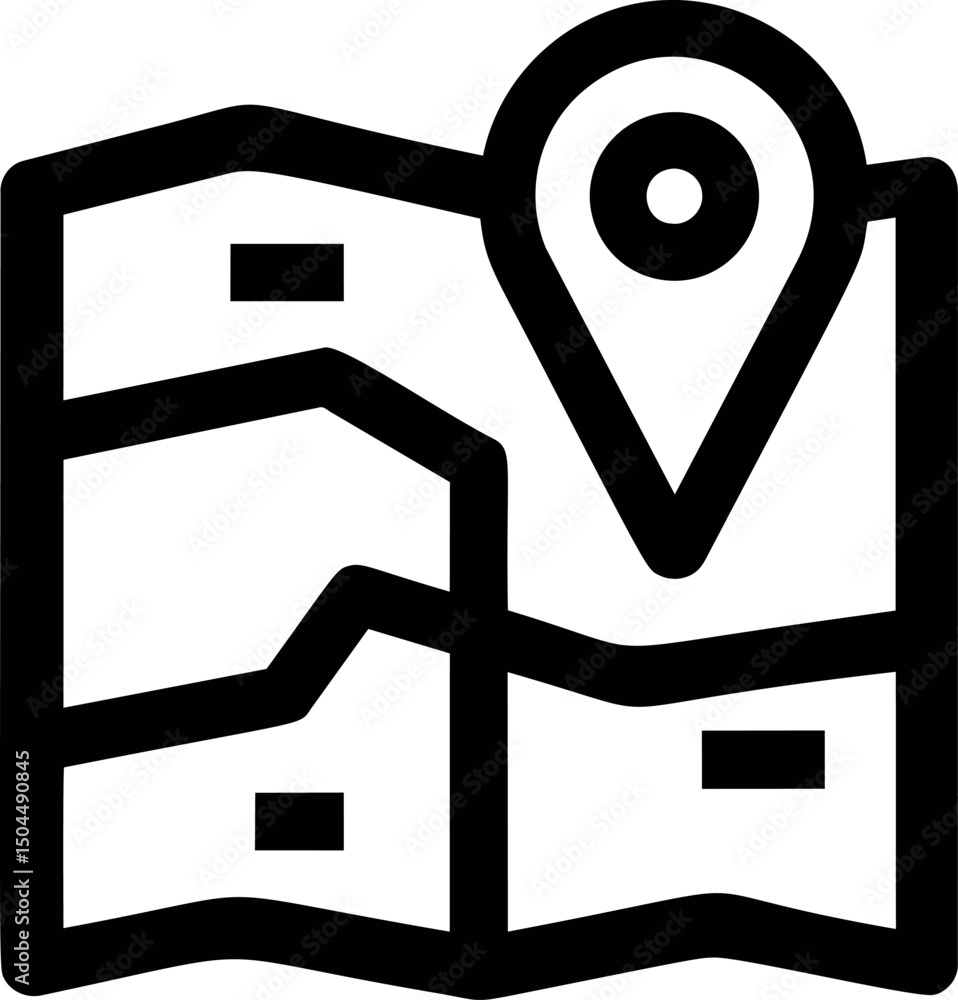 Poster simplified black map icon with location pin in bold lines. vector illustration