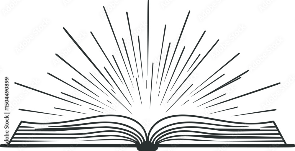 Aufkleber an open book with radiating lines symbolizing knowledge and enlightenment. vector illustration
