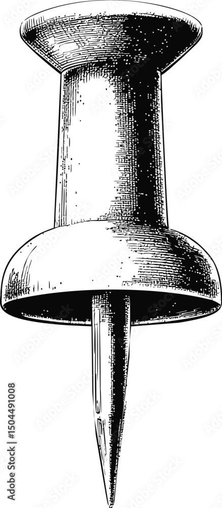 Poster black and white sketch of a thumbtack showing its pointed tip and cylindrical shape. vector illustra