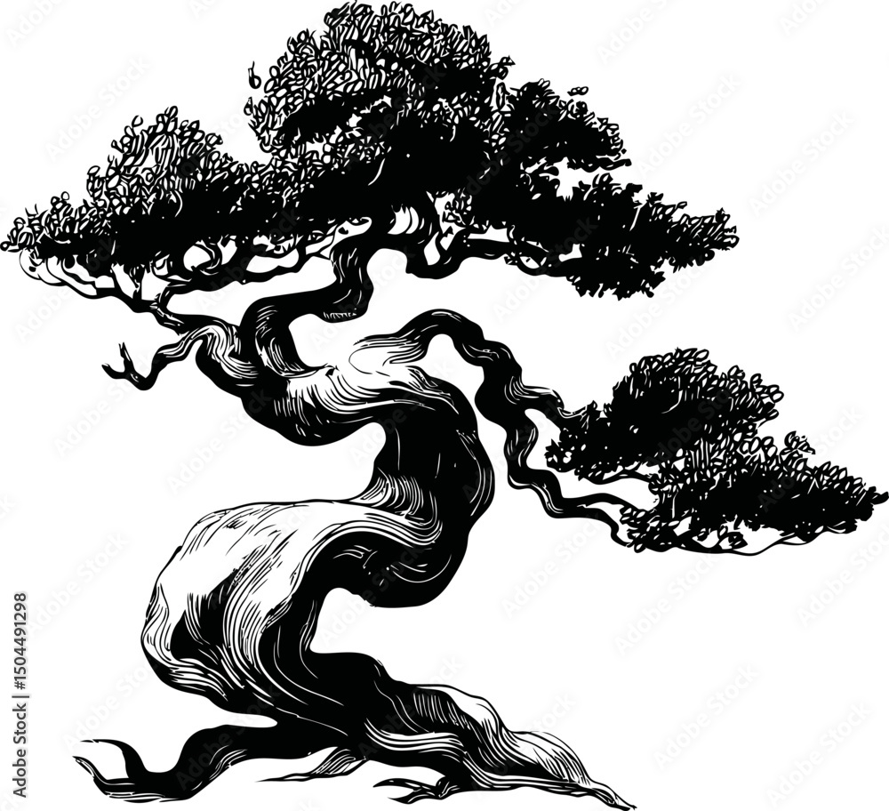 Poster stylized ink illustration of a twisted bonsai tree with intricate branches. vector illustration