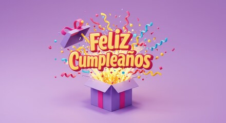 Fototapeta premium Feliz Cumpleaños Text Exploding from Gift Box with Confetti | Colorful Birthday Greeting for Celebration Marketing, Social Media, and Birthday Cards