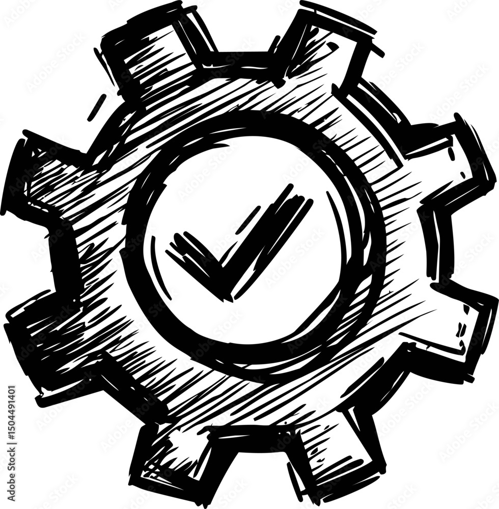 Poster sketch style gear with checkmark symbolizing quality assurance. vector illustration