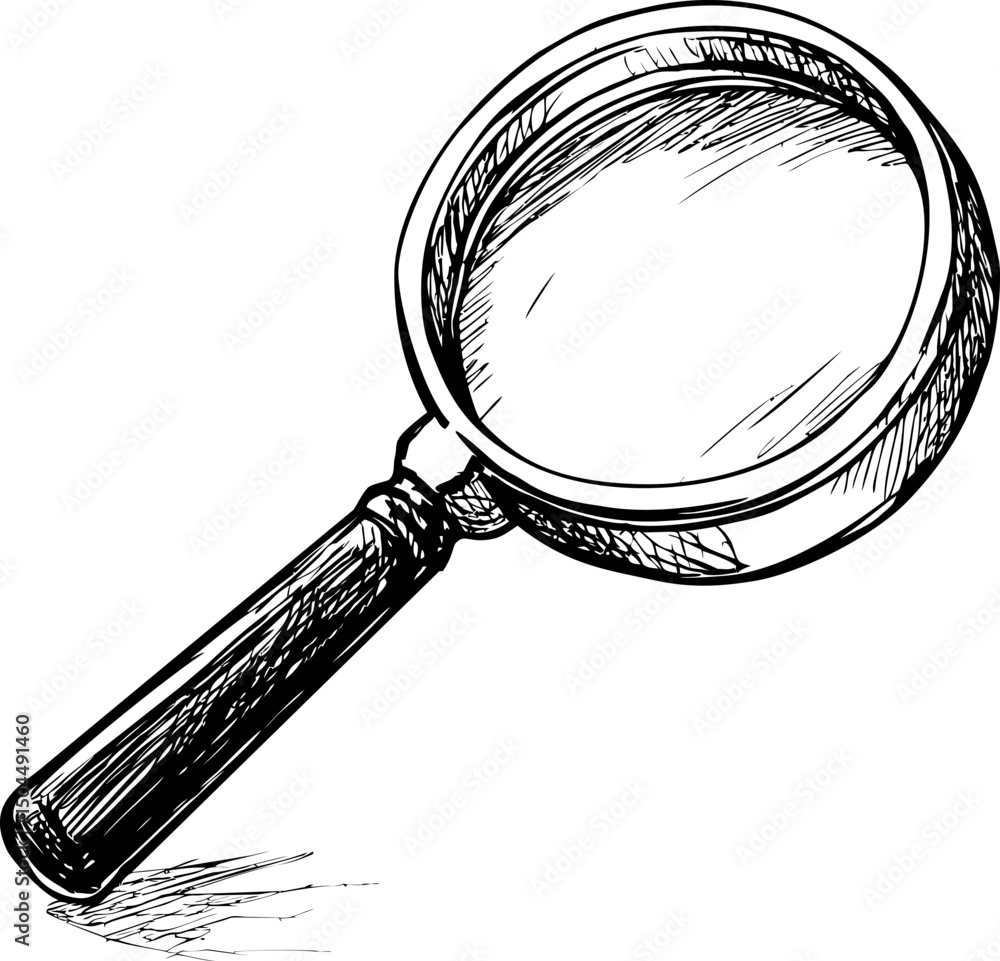 Poster hand-drawn sketch of a magnifying glass with detailed shading in black and white. vector illustratio
