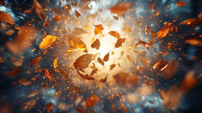 Exploding golden autumn leaves with a bright light source - Powered by Adobe