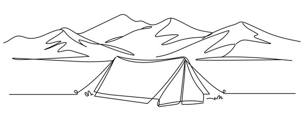 Single continuous line drawing tent camping in outdoor travel. Nature tourism, journey, adventure. Tent element concept. Camping travel tent equipment. Editable stroke © Vasyl Yurlov