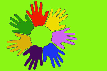 Seven painted hands form a vibrant circle on a light green background. The artwork radiates unity, diversity, and creative energy – a powerful symbol of togetherness and humanity.