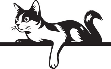 Cat lounging on a ledge silhouette, Relaxed house cat black and white art