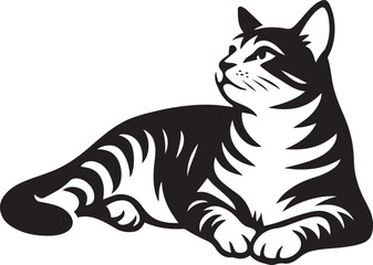 Relaxing cat black and white silhouette, Calm cat illustration sitting in peace