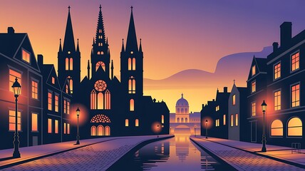 Modern City Skyline Silhouette at Sunset