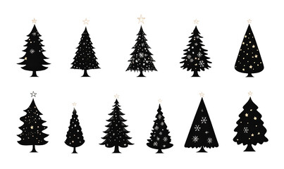 Obraz premium Elegant collection of christmas trees illustrations with detailed outlines and snowflake and star decorations on a black background
