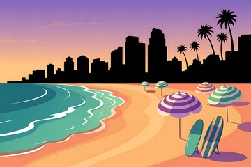 Coastal City and Sea Beach Silhouette at Sunset