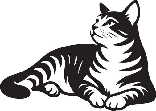 Relaxing cat black and white silhouette, Calm cat illustration sitting in peace - Powered by Adobe