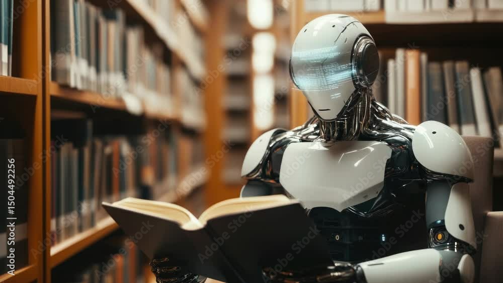 Poster a robot sitting in a library, reading a book