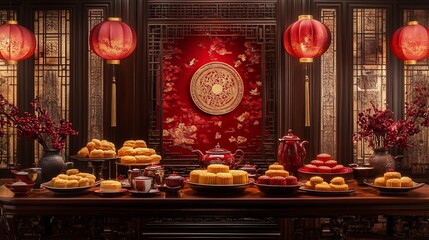 Festive mooncakes & tea set on ornate table with red lanterns & decorations