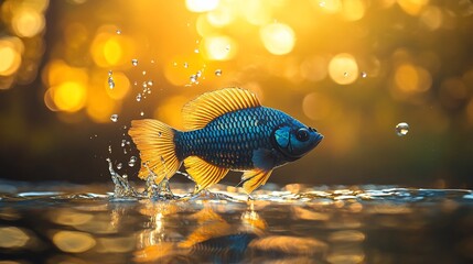 Fish leaps from water, against a golden, bokeh-filled background, creating a splash