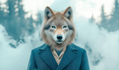 Wolf in elegant suit stands in misty forest