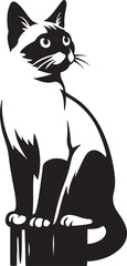 Siamese cat silhouette sitting on post, Elegant feline portrait black and white