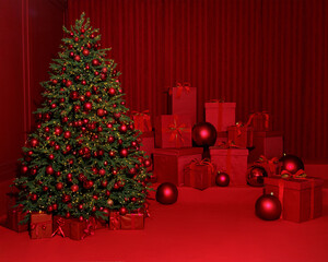 Christmas tree with red ornaments and gift boxes in red room. Festive holiday scene, minimal and elegant decor.