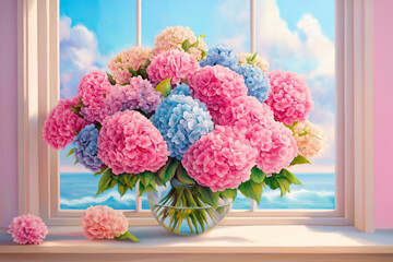 Colorful hydrangeas in glass vase bringing joy to seaside window
