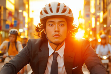 Businessman cycling in city at sunset wearing helmet