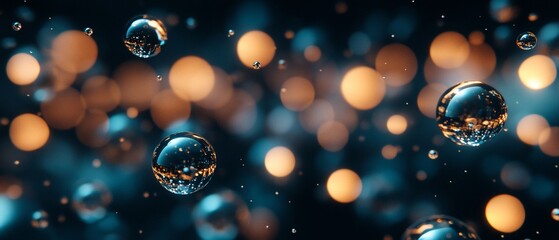 Floating water droplets with glowing bokeh background in blue and gold hues