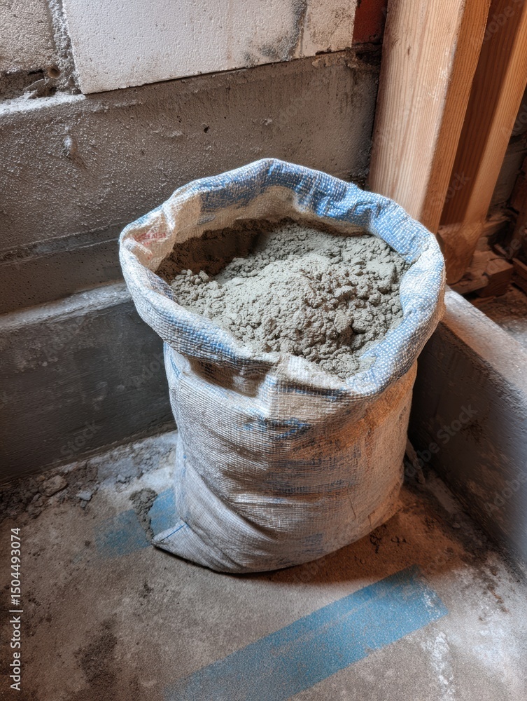 Aufkleber leveling compound sack positioned beside a concrete base with an open top, ready for construction wo