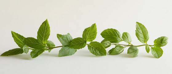 Fresh green sprig with multiple leaves. Natural herbal plant, detail on white background