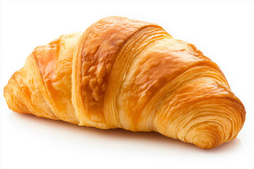 Delicious golden brown croissant baking on white background