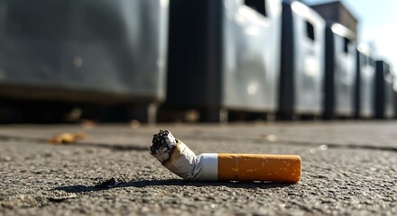 Cigarette Butt on Asphalt Near Trash Cans