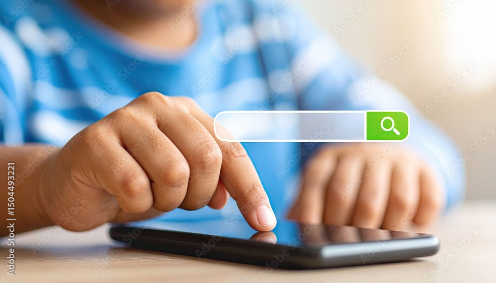 Poster close-up of a child's hand using a smartphone, exploring digital content, with a search bar overlay 