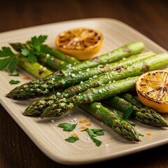 Grilled Asparagus with Lemon Wedges on Wooden Plate | Healthy Vegetarian Meal for Restaurant Menus and Food Blogs