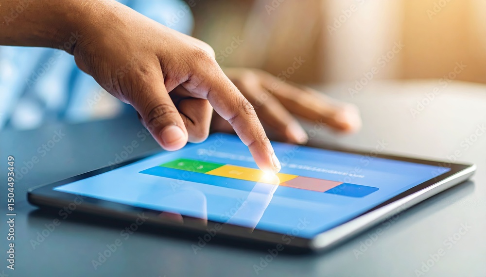 Poster close-up of a hand touching a digital tablet screen with colorful interface, symbolizing technology 