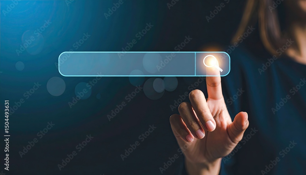Poster hand interacting with a digital search bar illuminated, symbolizing online searching or information 