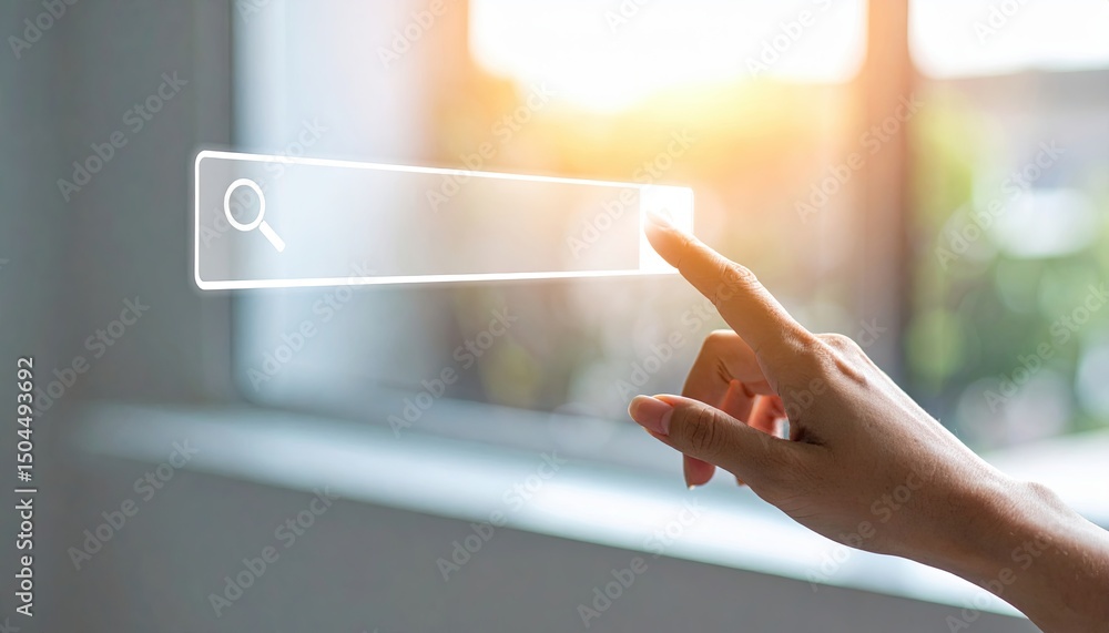 Poster hand hovering over a virtual search bar with soft sunlight illuminating a window and blurred greener