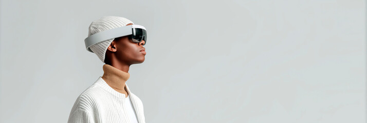 Stylish young person wearing futuristic virtual reality headset and knitwear against minimal light background
