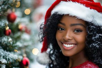 Beautiful woman smiling and wearing santa hat next to christmas tree