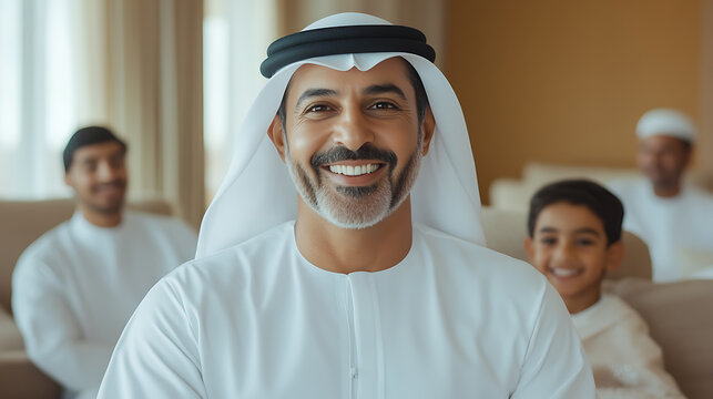 Portrait of Middle Eastern man in traditional dress, smiling with family. Warm indoor setting.