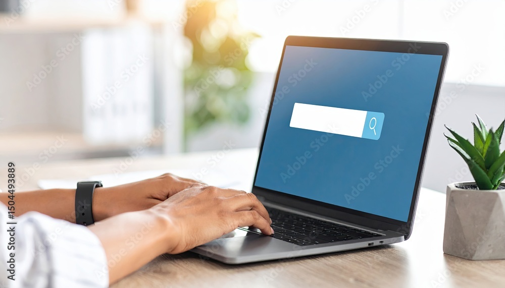 Poster person typing on a laptop keyboard with a search bar displayed on the screen, surrounded by a bright