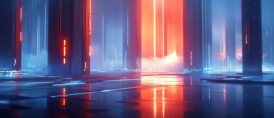 Futuristic digital abstract with red and blue glowing columns. Hazy effect