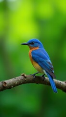 Vibrant blue bird rests on twig, lush greenery bokeh, park, nature