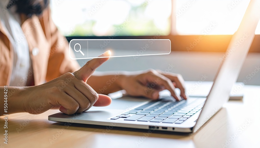 Poster close-up of a hand typing on a laptop keyboard with a search bar graphic overlay, soft lighting and 