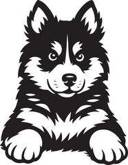 Husky puppy silhouette vector style, Black and white young husky portrait