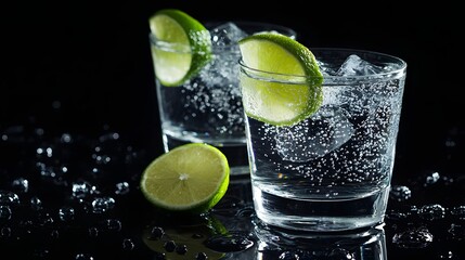 Refreshing Sparkling Water with Lime Slices in Glasses on Black Background
