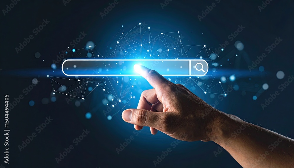 Poster hand touching a digital search bar with glowing blue particles, symbolizing online searching and tec