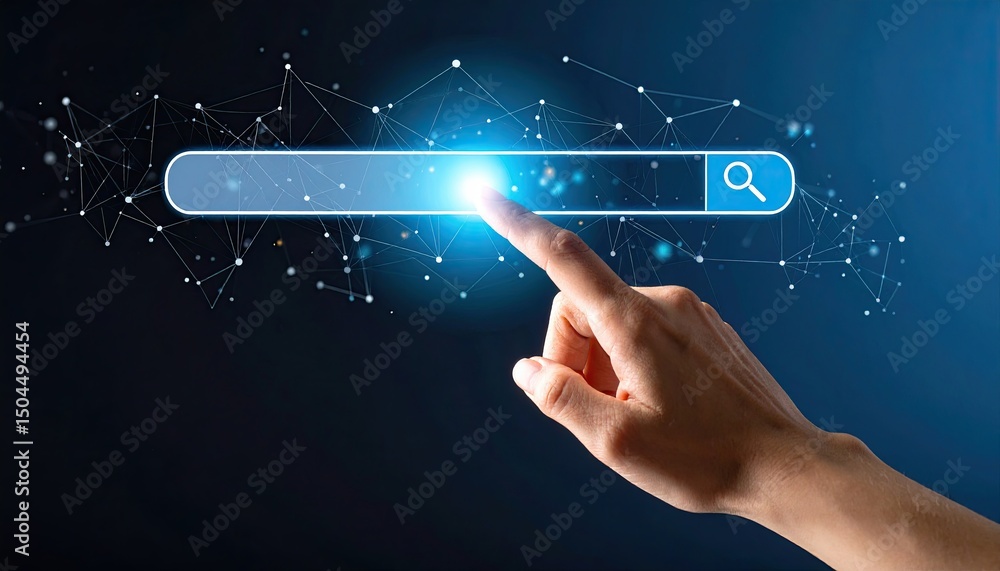 Poster hand reaching towards a glowing search bar with a digital network background representing technology