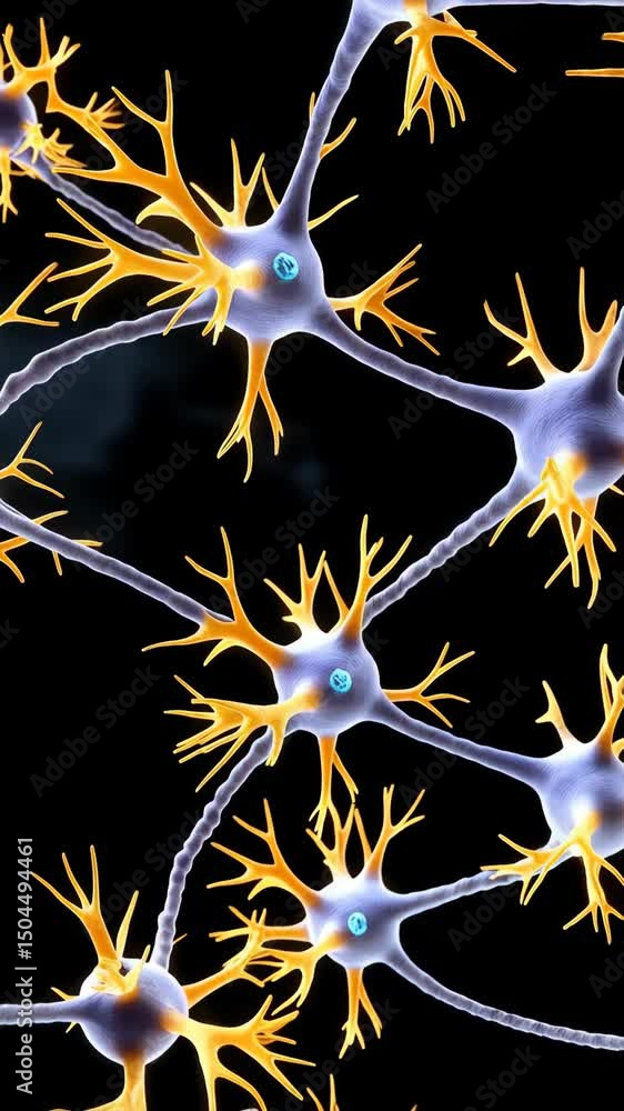 Poster detailed view of neural network with glowing dendrites and connections on a dark background for scie