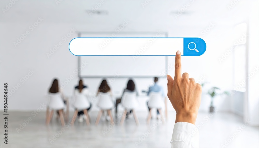 Poster hand pointing to a search bar in front of a group of people in a modern office setting during a pres