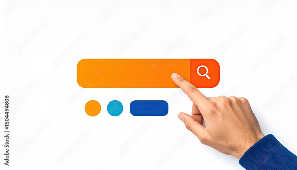 Poster hand pressing search button on colorful search bar against white background symbolizing online navig