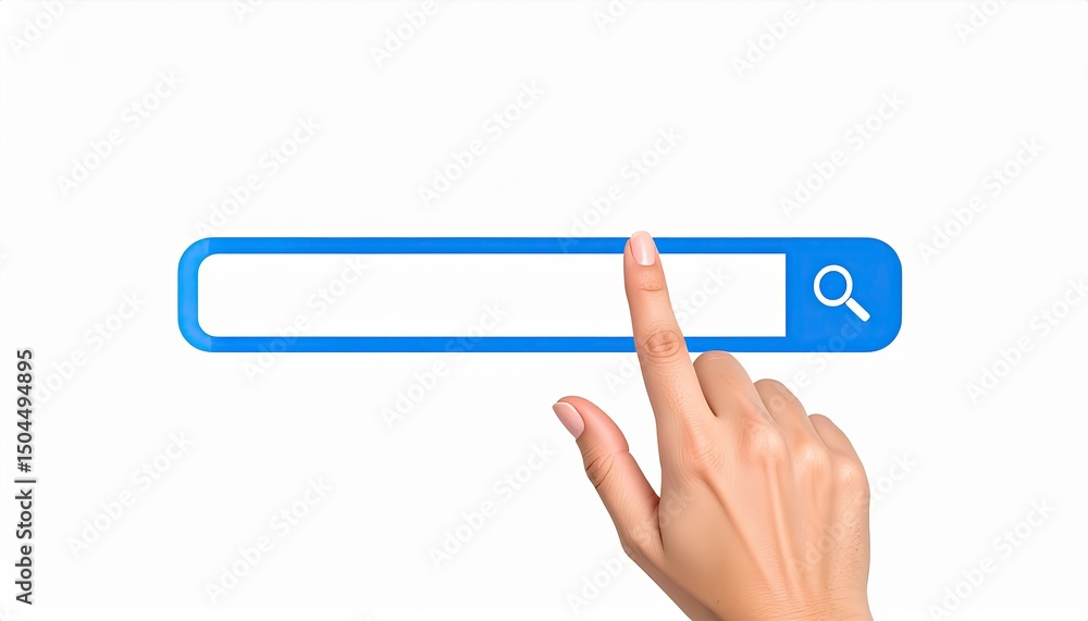 Poster hand about to interact with a blue search bar on a white background, symbolizing digital search and 