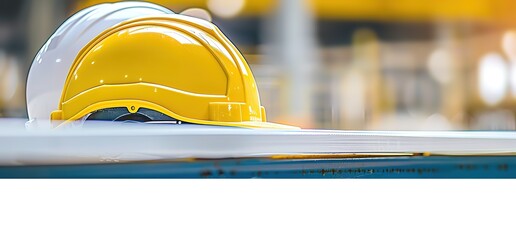 A yellow and white hard hat sits on a white surface, with a blurred background of a factory or construction site. Safety, construction, work, industry.